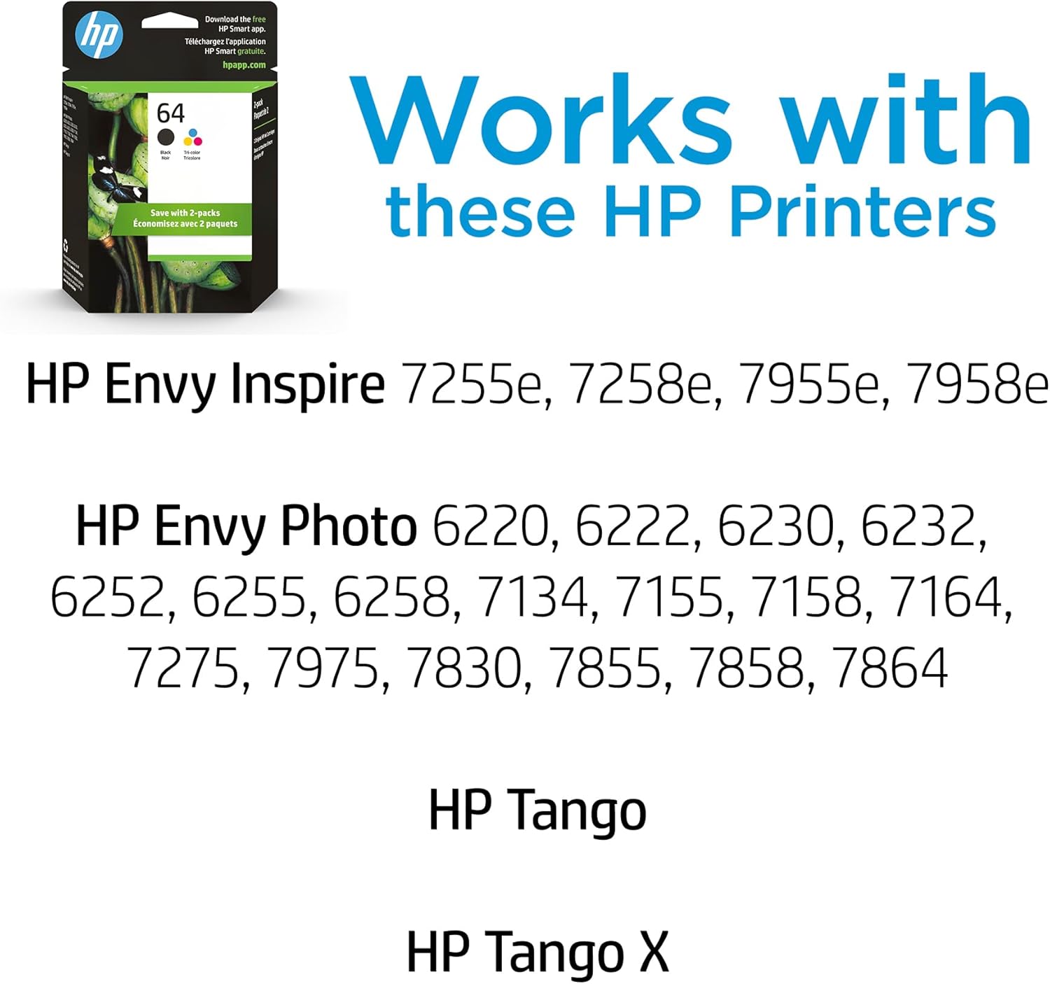 HP 64 Black & Tri-Color Ink Cartridges Printers (Combo Pack) | Works with Printer Series: Inspire 7950e; Envy Photo 6200